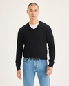 Front view of model wearing Beautiful Black V Neck Sweater.
