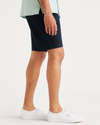 Side view of model wearing Navy Blazer Alpha 8