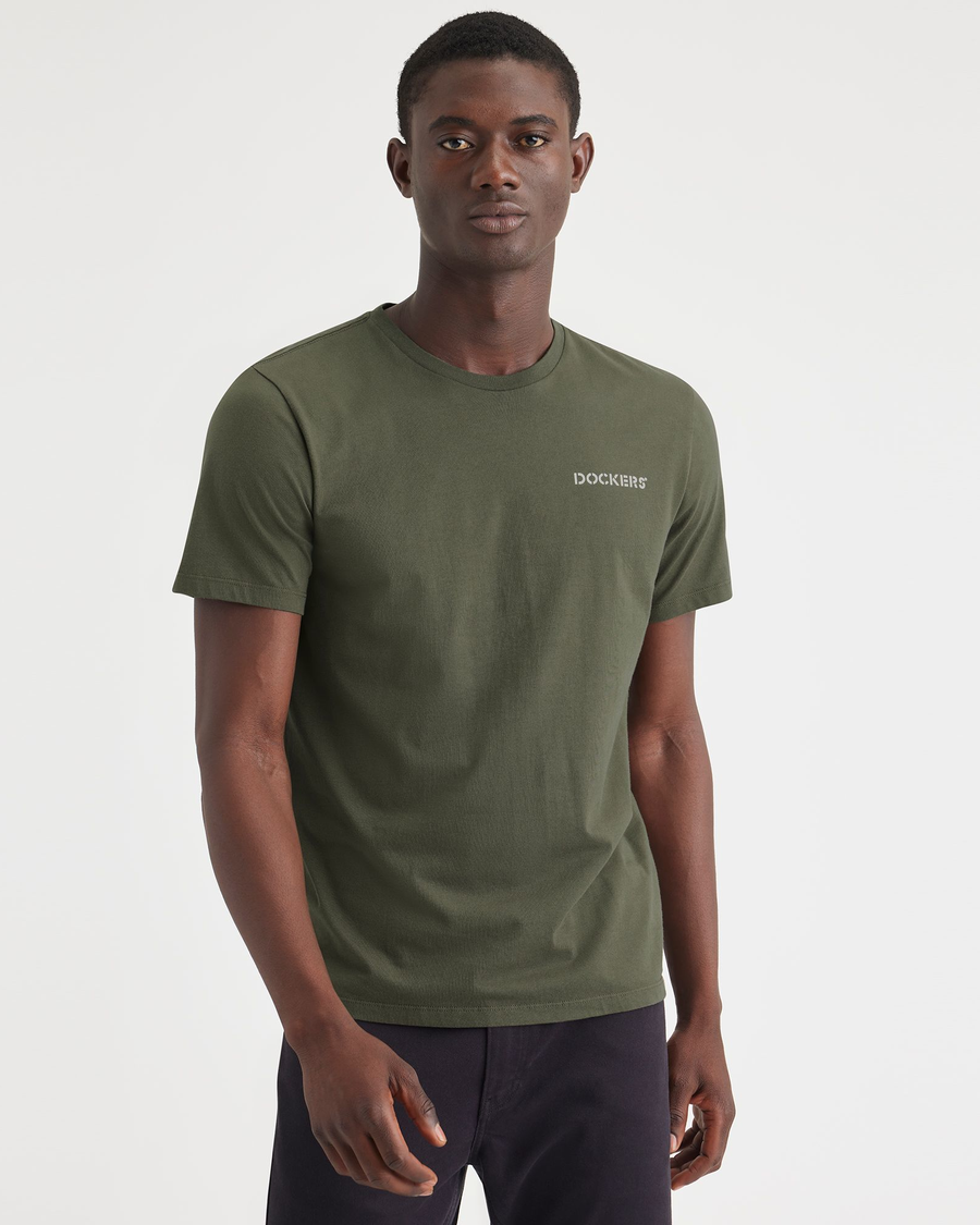 Front view of model wearing Army Green Men's Slim Fit Logo Tee.