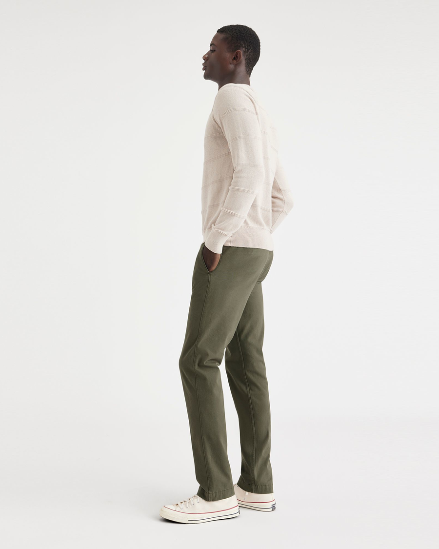 View of model wearing Army Green Men's Slim Fit Smart 360 Flex California Chino Pants.