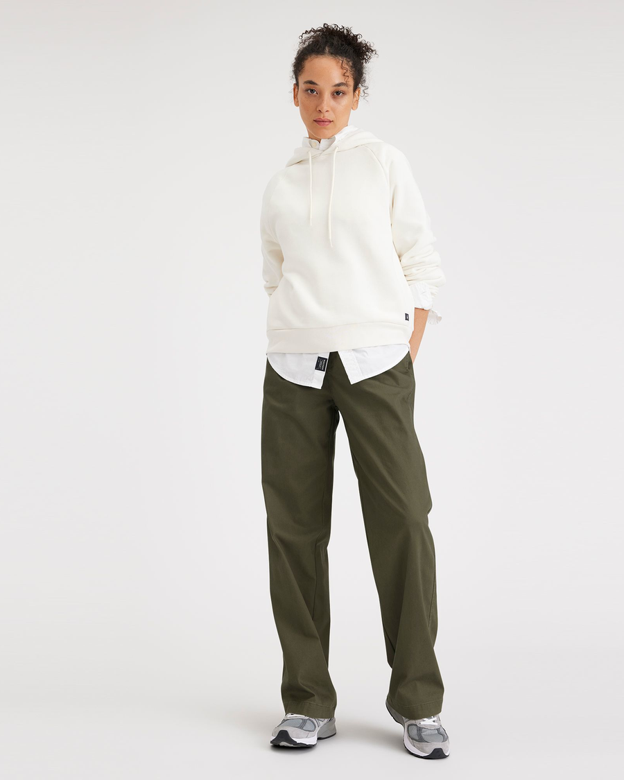 View of model wearing Army Green Women's Straight Fit Original Pleated High Wide Khaki Pants.