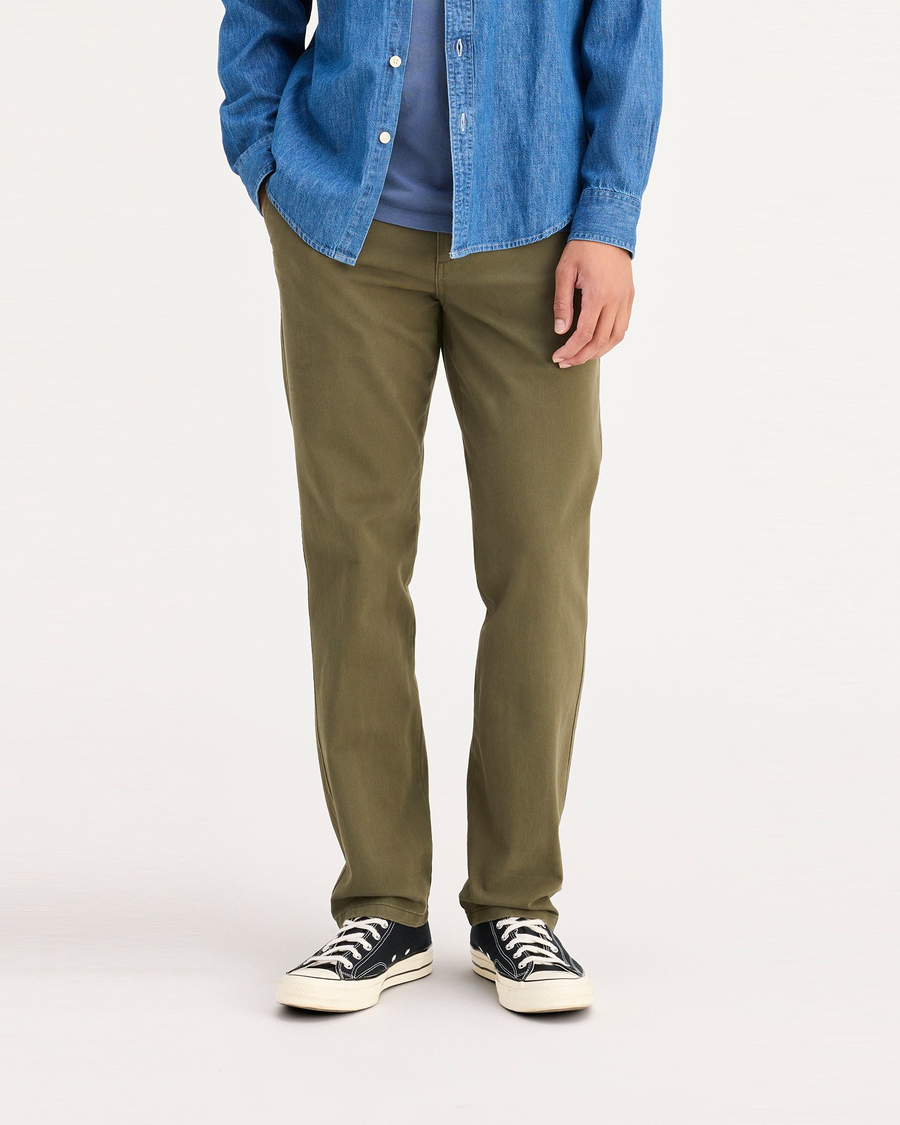 Front view of model wearing Army Olive Ultimate Chinos, Slim Fit.