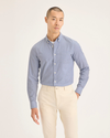 Front view of model wearing Artic Ice/Crown Blue Men's Slim Fit 2 Button Collar Shirt.