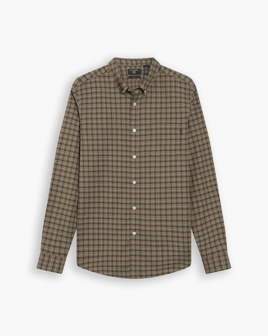 View of model wearing Barton Dark Moss Oxford Shirt , Slim Fit.