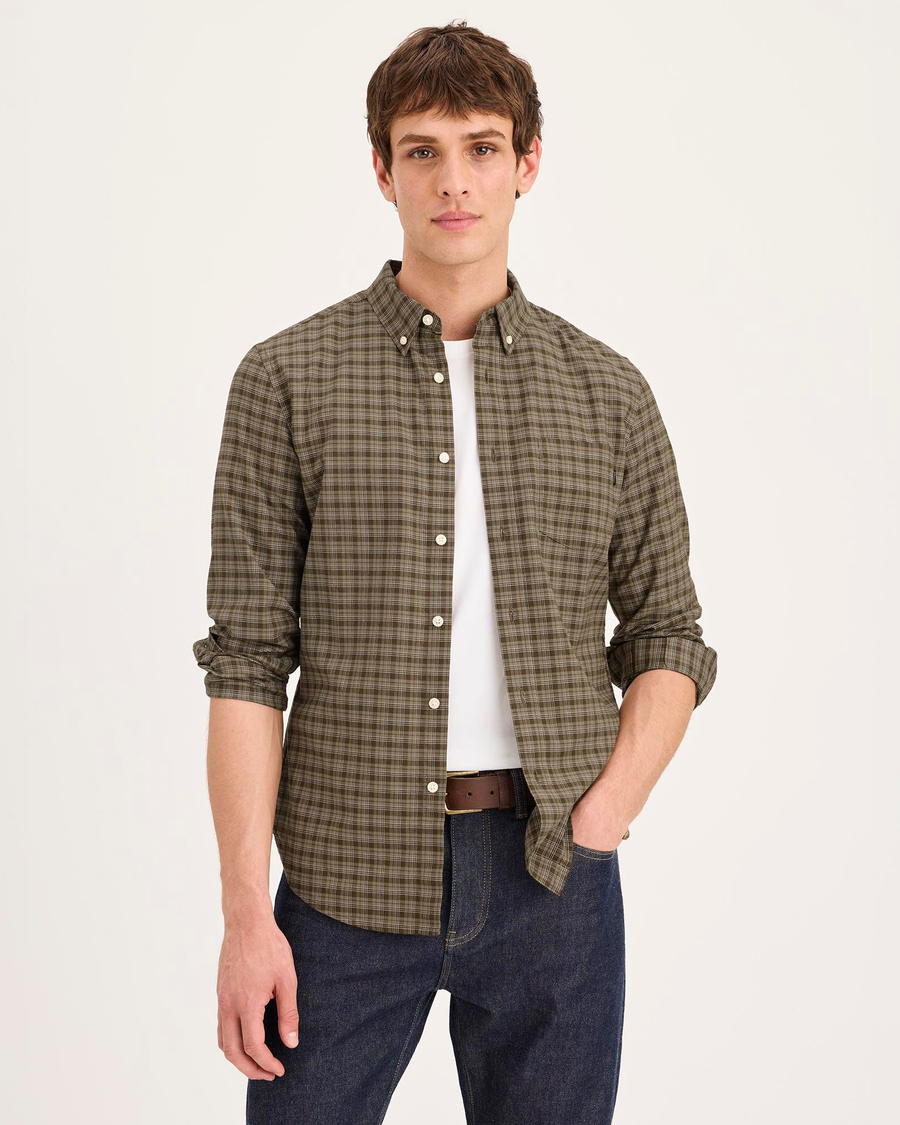 Front view of model wearing Barton Dark Moss Oxford Shirt , Slim Fit.