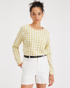 Front view of model wearing Basin Pineapple Slice Plaid Women's Button Back Blouse.