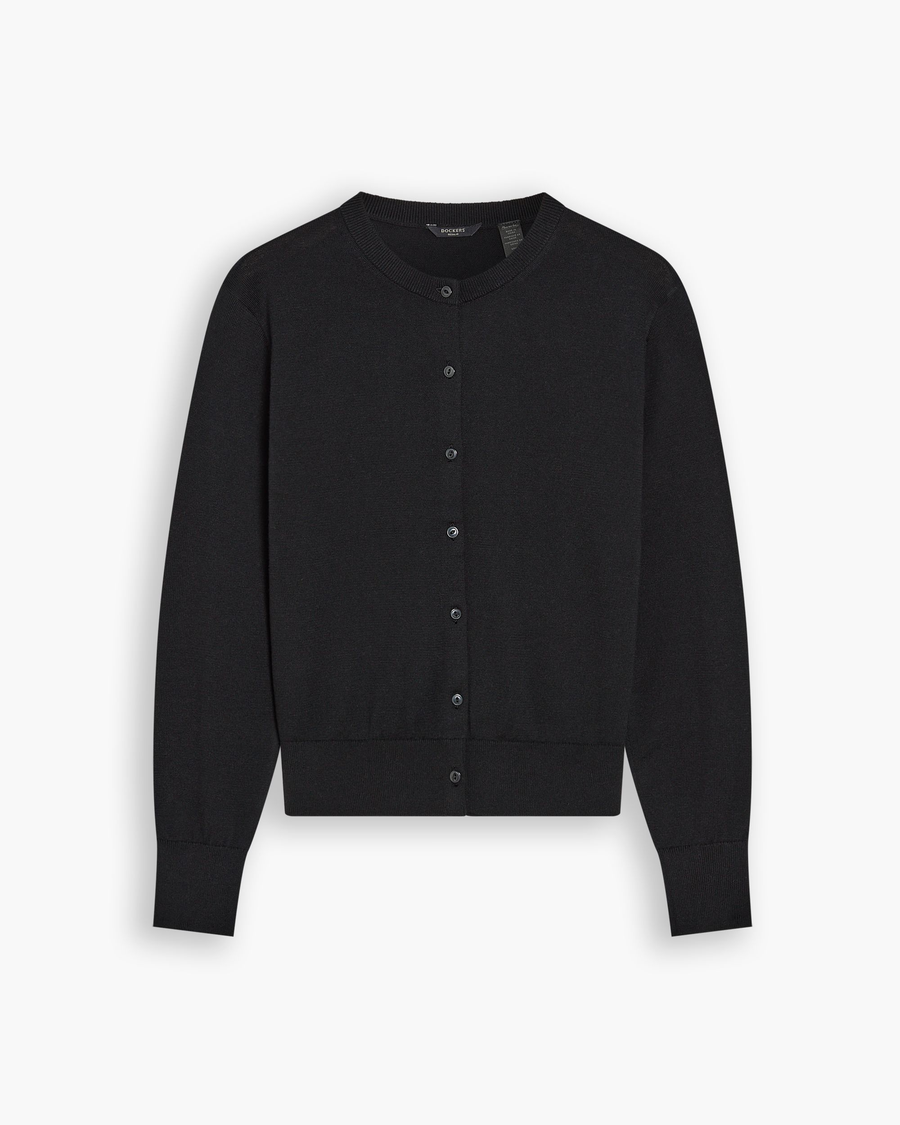 View of model wearing Beautiful Black Cardigan, Regular Fit.