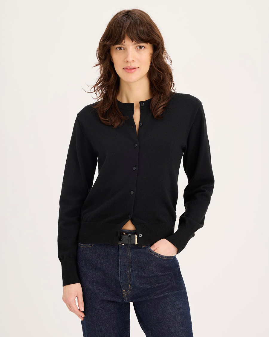 Front view of model wearing Beautiful Black Cardigan, Regular Fit.