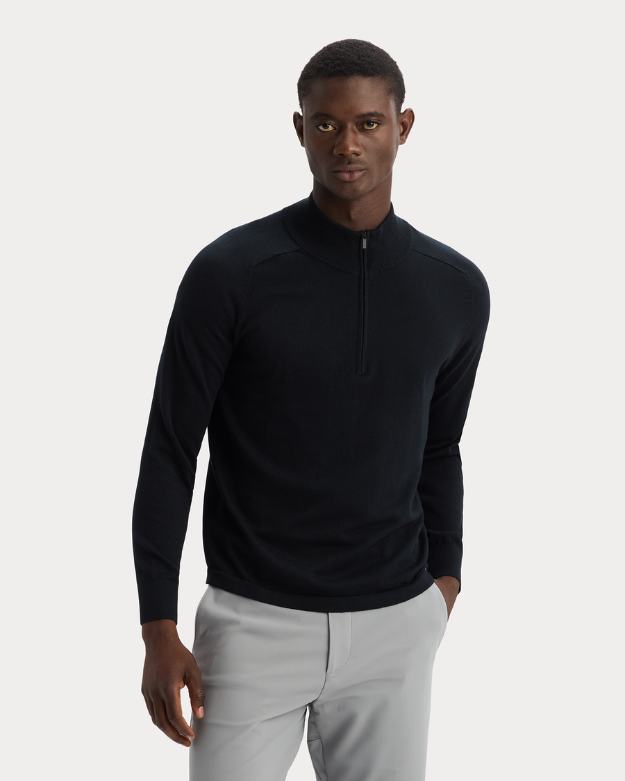 View of model wearing Beautiful Black Go Half-Zip Sweater, Regular Fit.