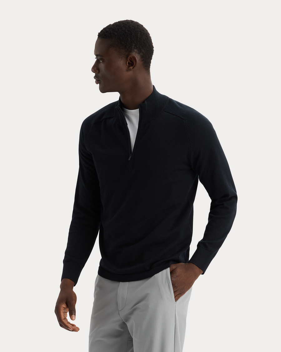 View of model wearing Beautiful Black Go Half-Zip Sweater, Regular Fit.
