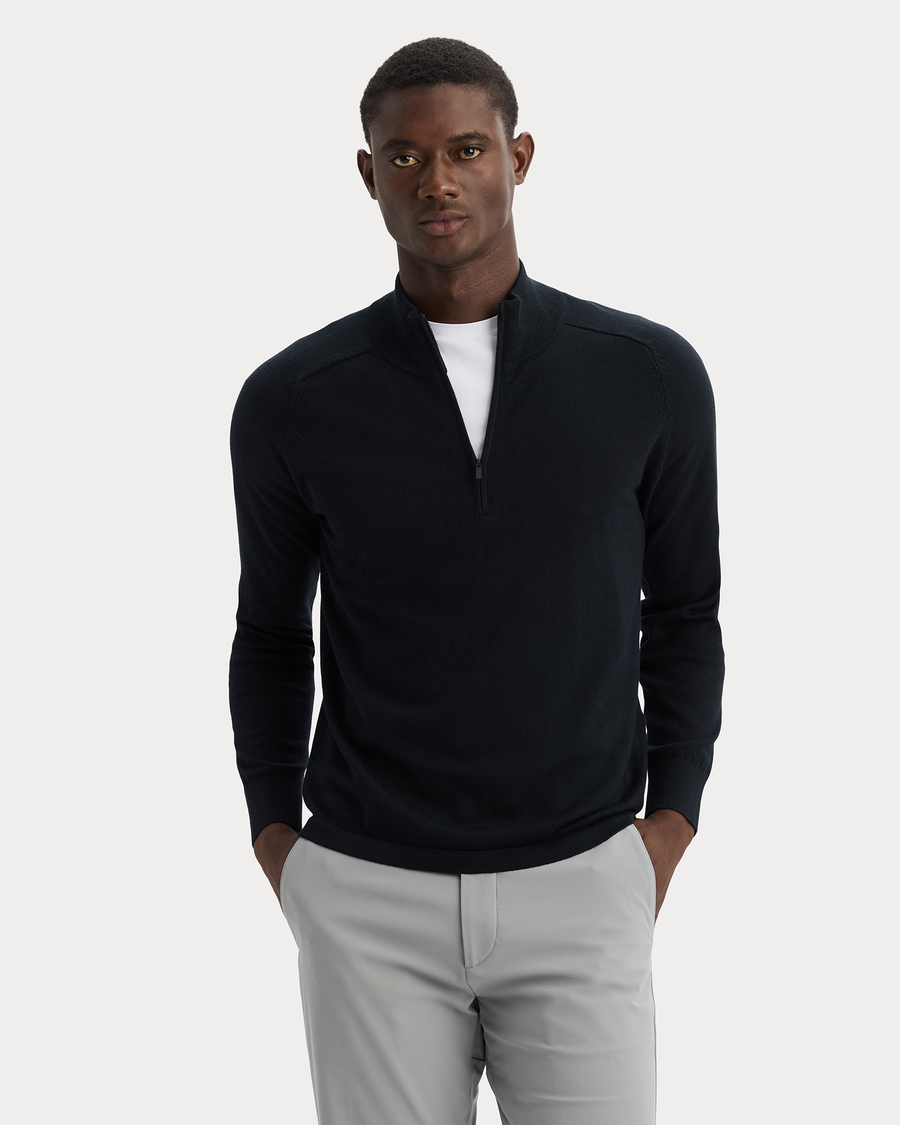 View of model wearing Beautiful Black Go Half-Zip Sweater, Regular Fit.