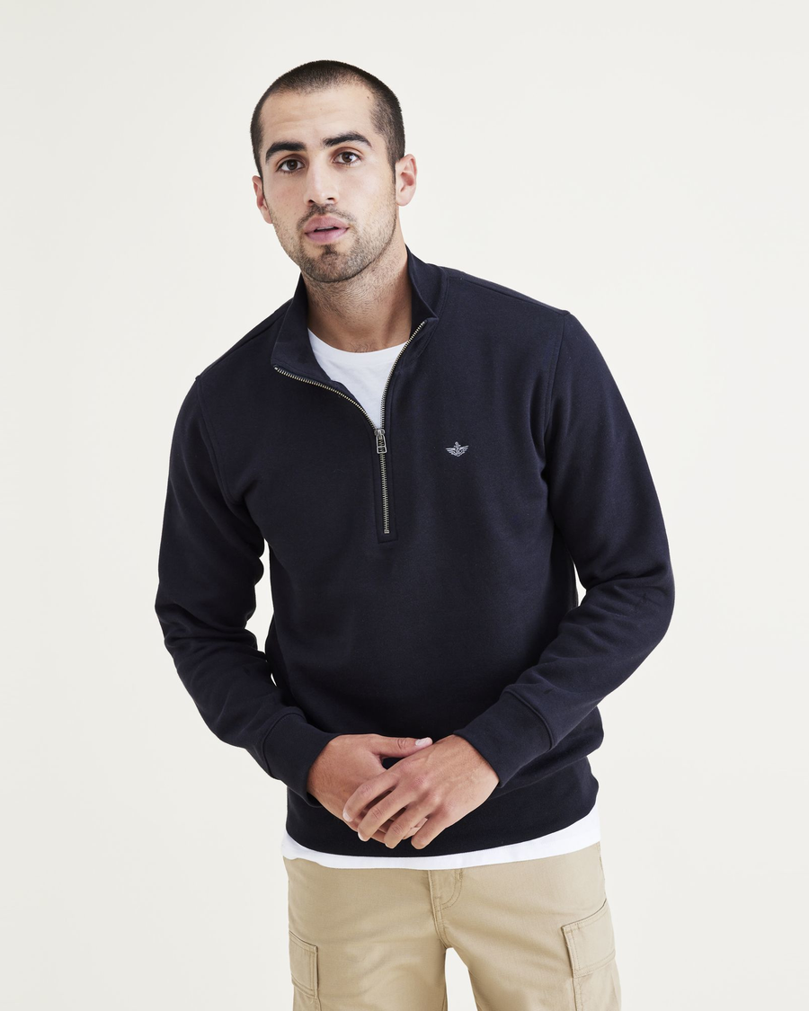 Front view of model wearing Beautiful Black Men's Regular Fit Quarter-Zip Fleece.