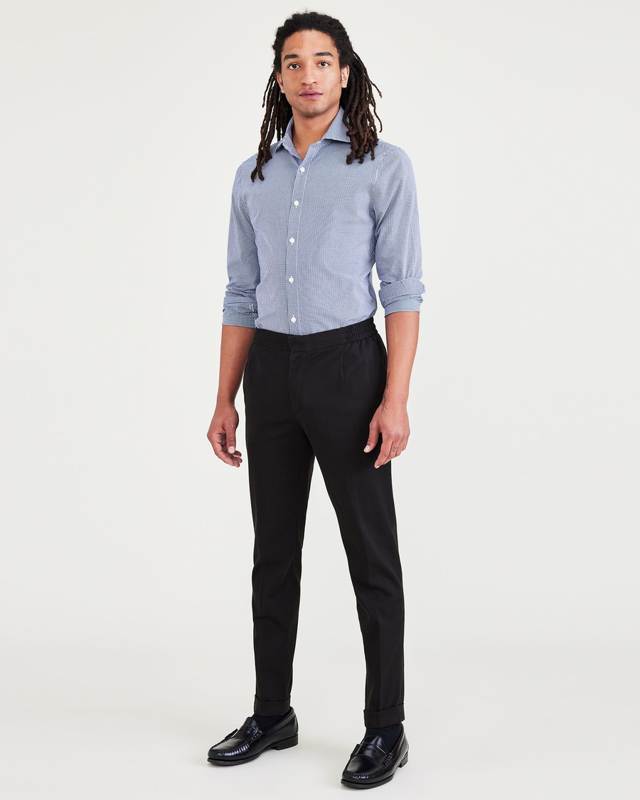 Front view of model wearing Beautiful Black Men's Slim Tapered Fit Refined Pull-On Pants.