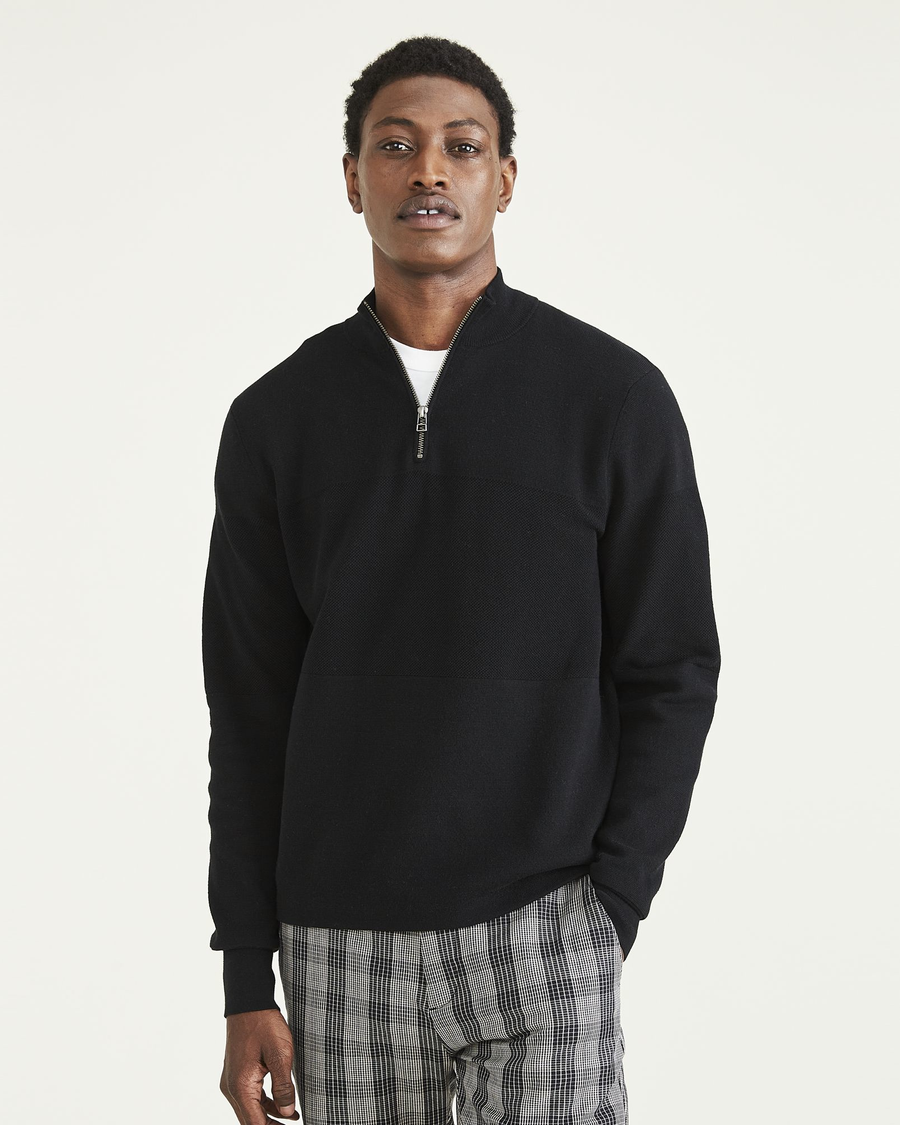 Front view of model wearing Beautiful Black Quarter Zip Sweater, Regular Fit.
