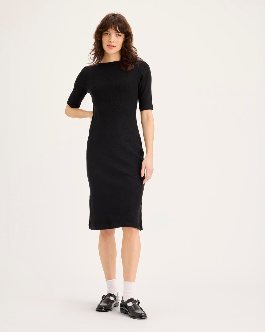 Front view of model wearing Beautiful Black Rib Dress with Lofi Knit, Slim Fit.