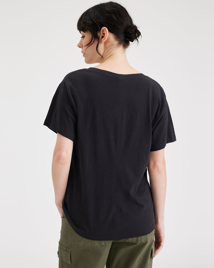 Back view of model wearing Beautiful Black Women's Deep V-Neck Tee Shirt.