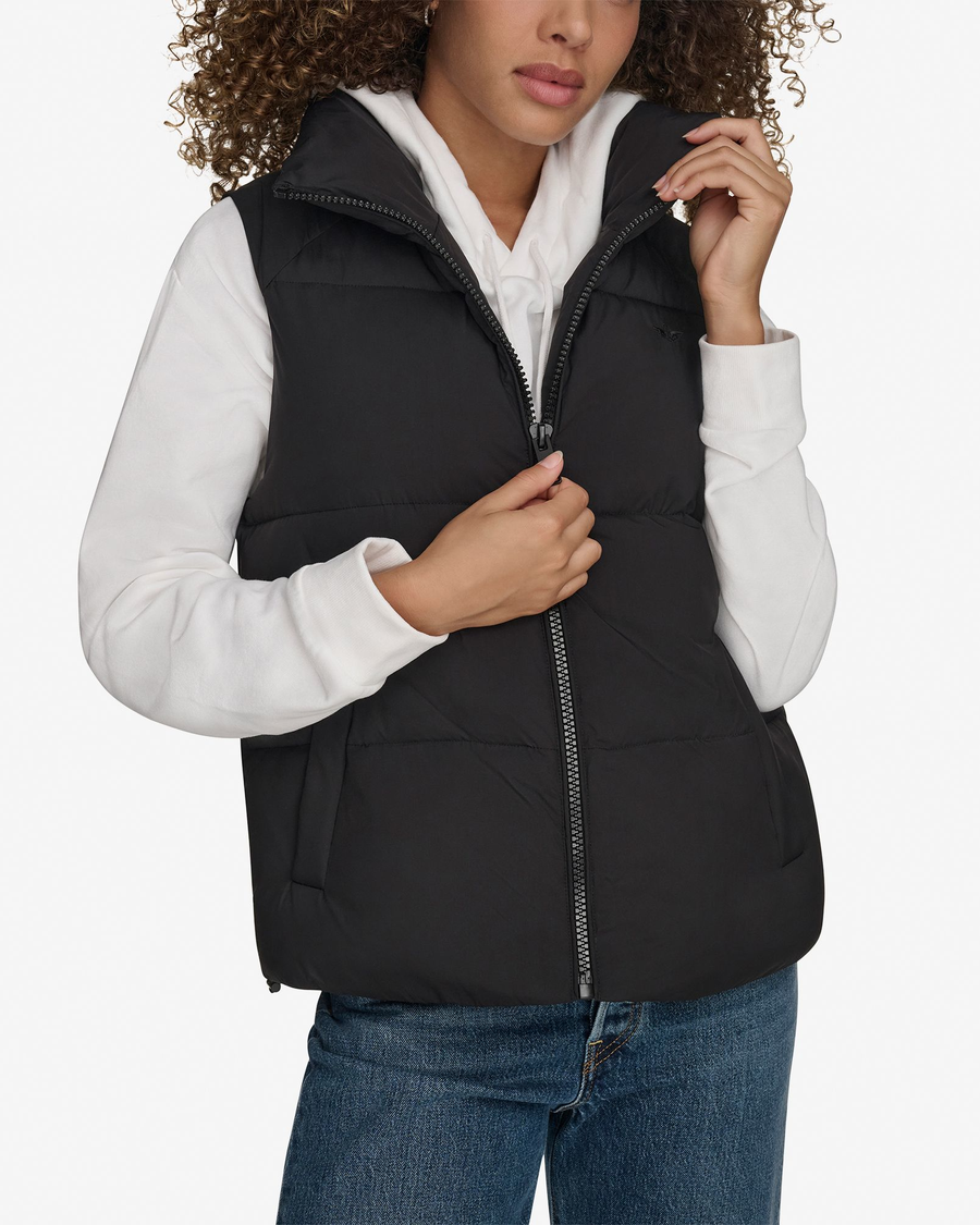 Front view of model wearing Beautiful Black Women's Puffer Vest Jacket.