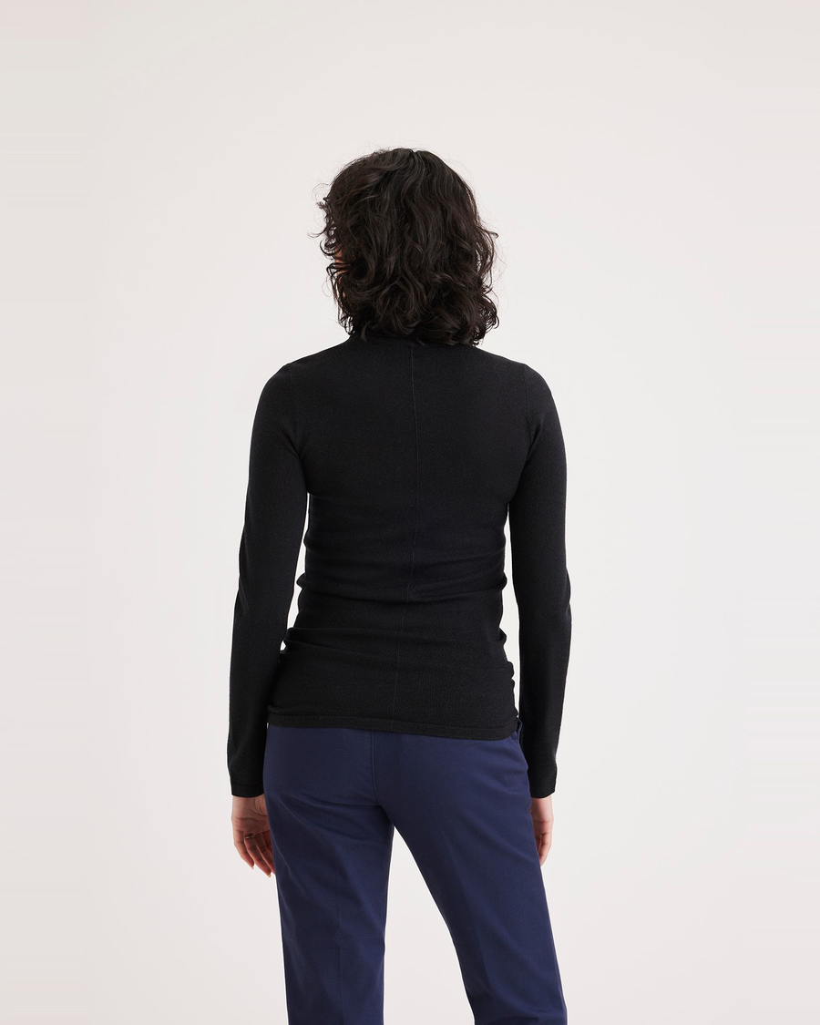 Back view of model wearing Beautiful Black Women's Slim Fit Turtleneck Sweater.