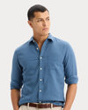 View of model wearing Bering Sea Icon Button Up Shirt, Slim Fit.