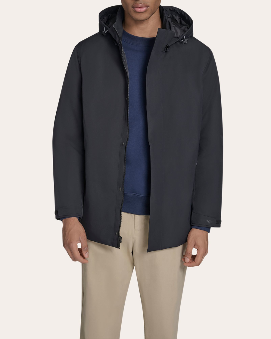 Front view of model wearing Black Go Rain Commuter Jacket.