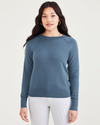 Front view of model wearing Blue Fusion Women's Classic Fit Crewneck Sweater.