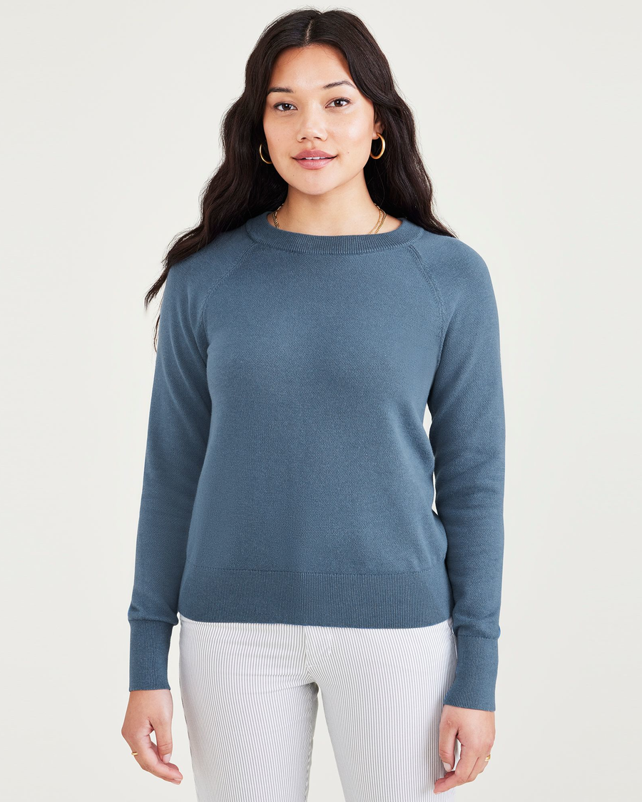 Front view of model wearing Blue Fusion Women's Classic Fit Crewneck Sweater.