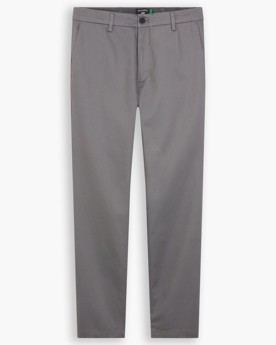 View of model wearing Burma Grey Signature Iron Free Khakis, Skinny Fit with Stain Defender®.