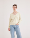 Front view of model wearing Buttercream Women's Regular Fit V-Neck Sweater.