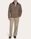 View of model wearing Byrd Wool Blend Jacket with Corduroy Collar.