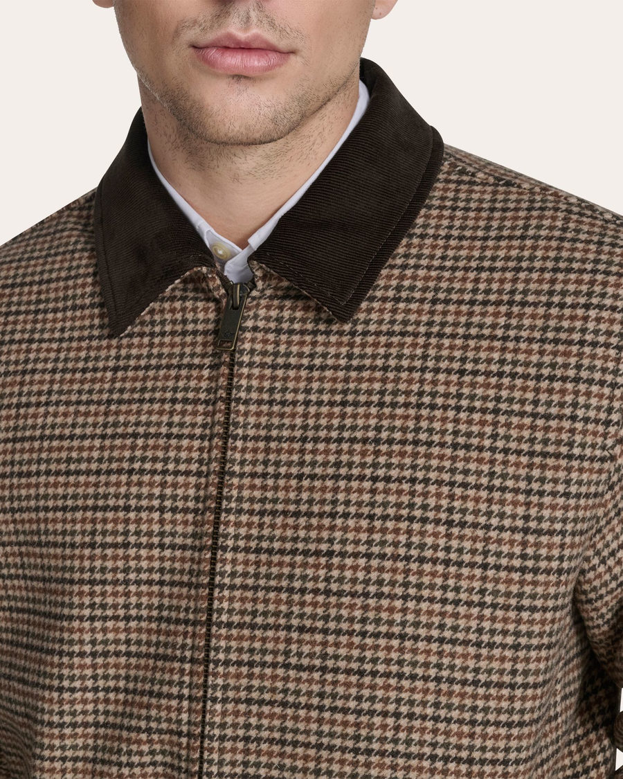 View of model wearing Byrd Wool Blend Jacket with Corduroy Collar.