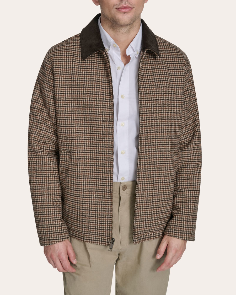 Front view of model wearing Byrd Wool Blend Jacket with Corduroy Collar.