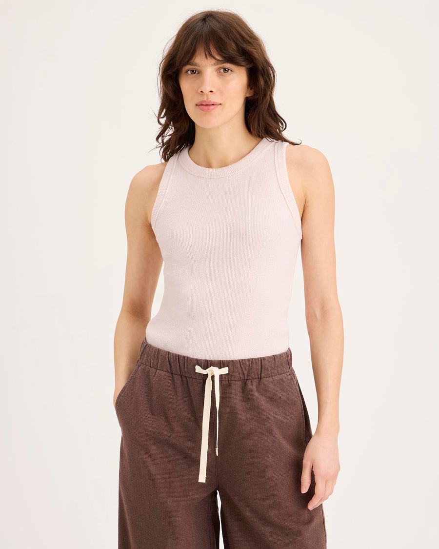 Front view of model wearing Calcite Rib Tank, Slim Fit.