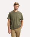 Front view of model wearing Camo Graphic Tee, Regular Fit.