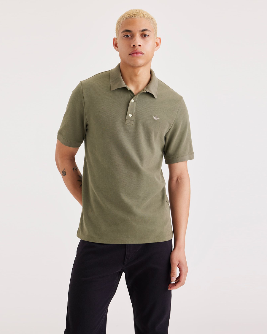 Front view of model wearing Camo Men's Slim Fit Original Polo Shirt.