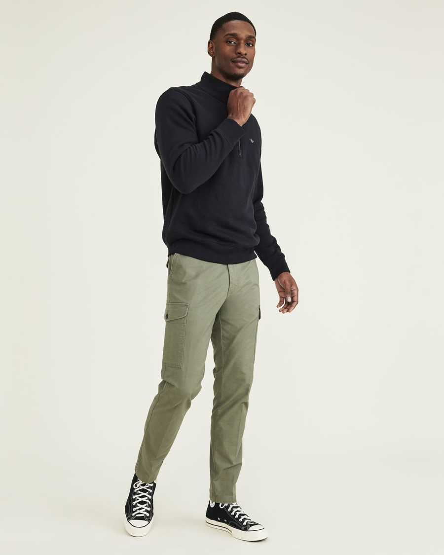 Front view of model wearing Camo Men's Slim Tapered Fit Cargo Pants.