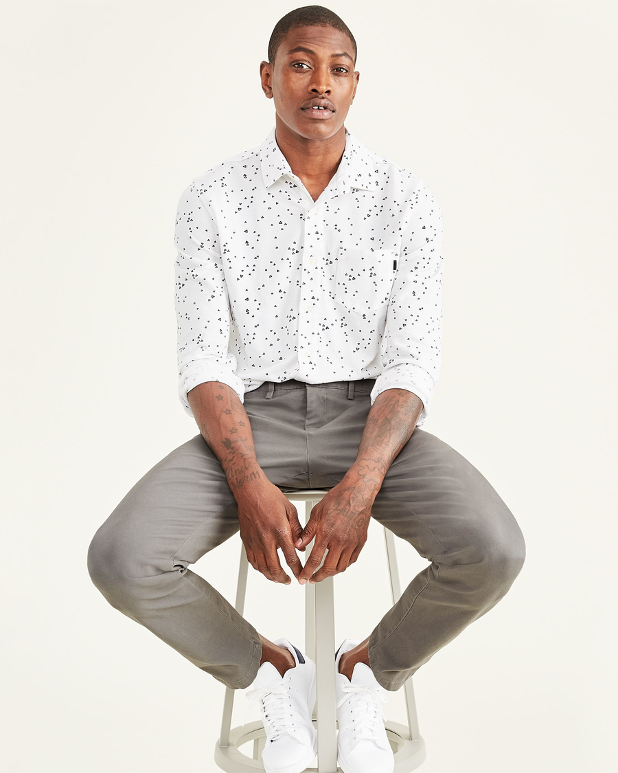 View of model wearing Car Park Grey Crafted Khaki Pants, Tapered Fit.