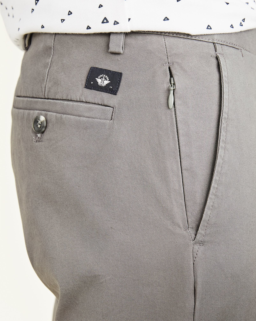 View of model wearing Car Park Grey Crafted Khaki Pants, Tapered Fit.