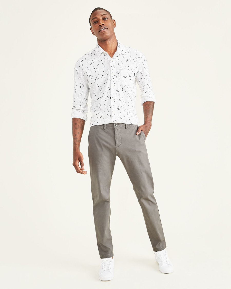 Front view of model wearing Car Park Grey Crafted Khaki Pants, Tapered Fit.