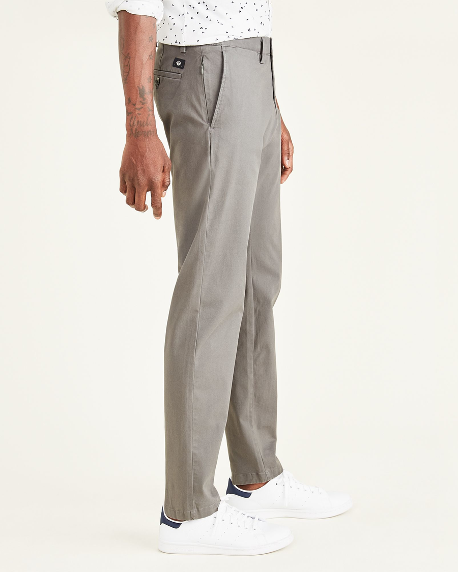 Side view of model wearing Car Park Grey Crafted Khaki Pants, Tapered Fit.