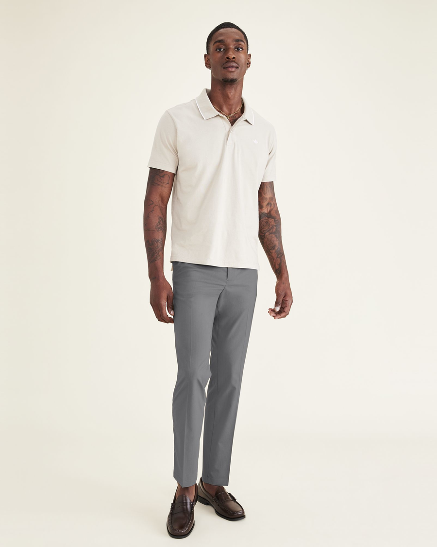 Front view of model wearing Car Park Grey Signature Go Khaki Pants, Slim Fit.
