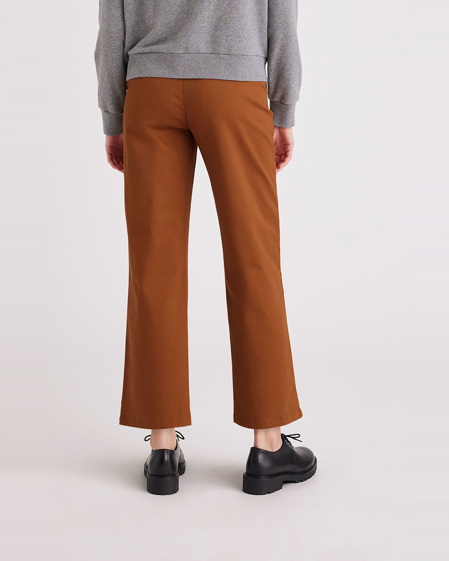 Back view of model wearing Caramel Café Women's High Straight Fit Weekend Chino Pants.