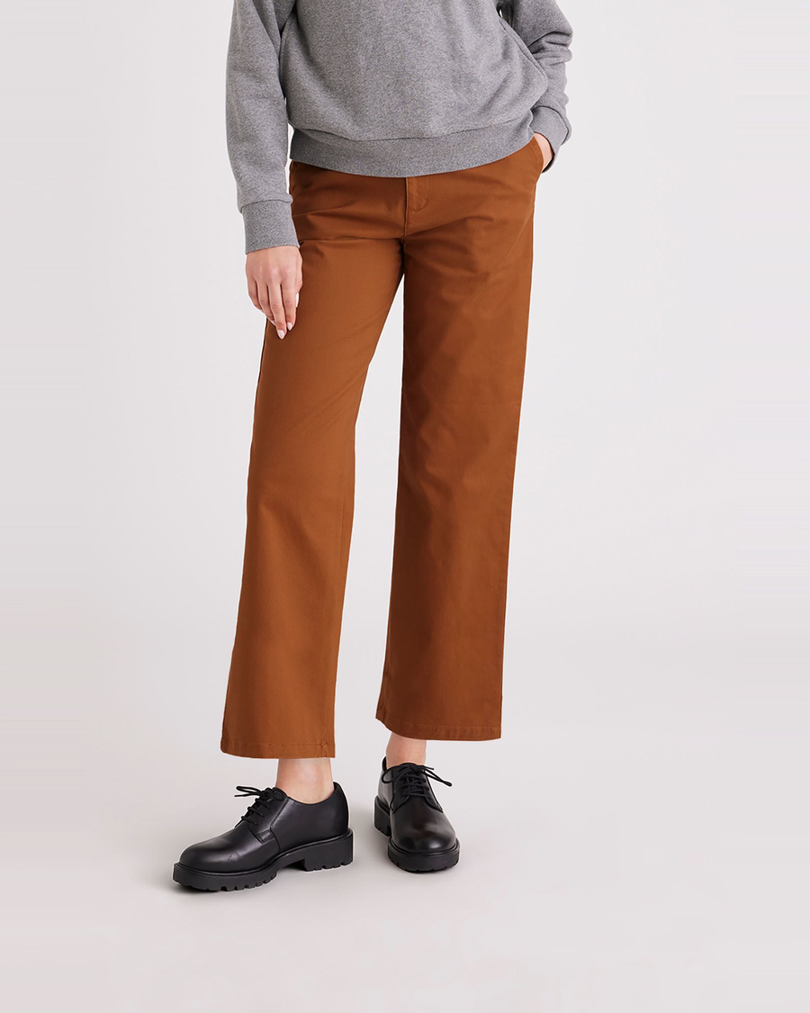 Front view of model wearing Caramel Café Women's High Straight Fit Weekend Chino Pants.