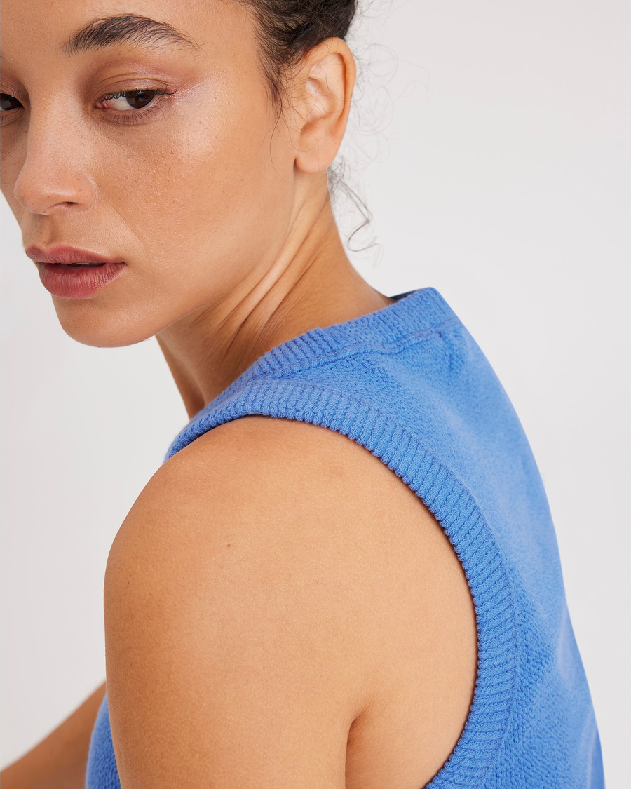 View of model wearing Ceramic Blue Women's Slim Fit Knit Tank.