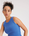 View of model wearing Ceramic Blue Women's Slim Fit Knit Tank.