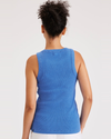 Back view of model wearing Ceramic Blue Women's Slim Fit Knit Tank.