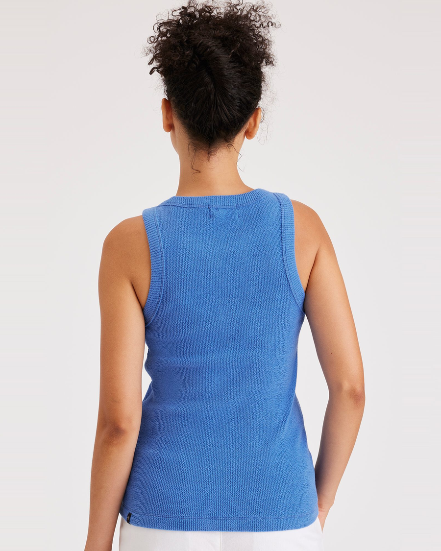 Back view of model wearing Ceramic Blue Women's Slim Fit Knit Tank.