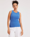 Front view of model wearing Ceramic Blue Women's Slim Fit Knit Tank.