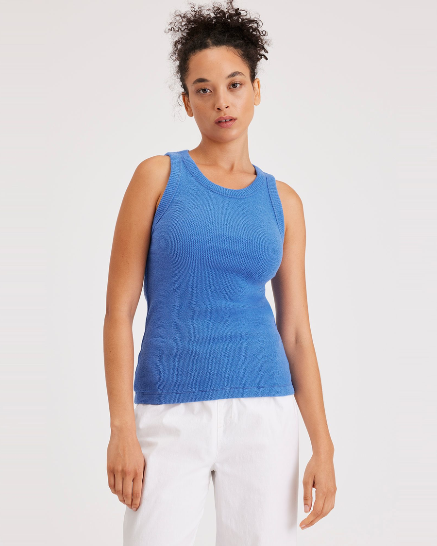 Front view of model wearing Ceramic Blue Women's Slim Fit Knit Tank.