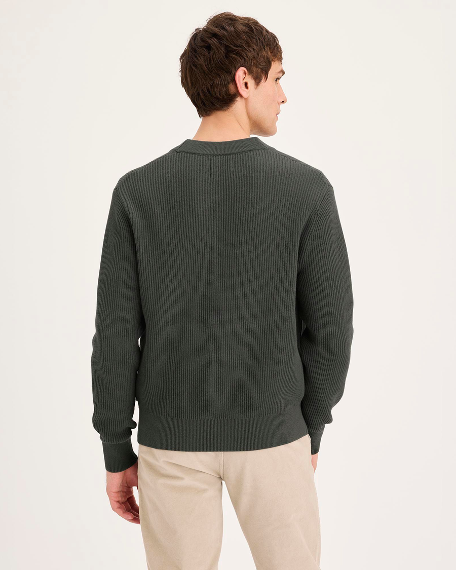 Back view of model wearing Chimera Cardigan, Regular Fit.