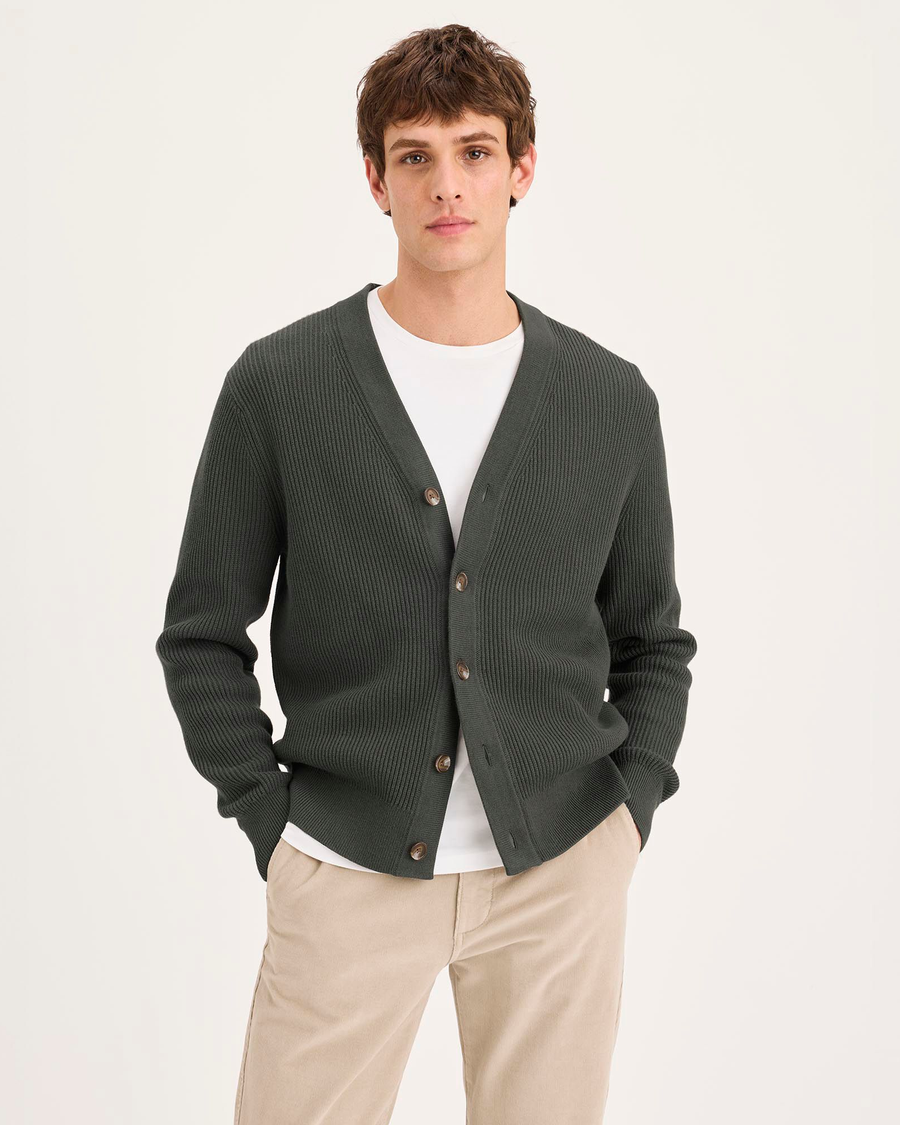 Front view of model wearing Chimera Cardigan, Regular Fit.